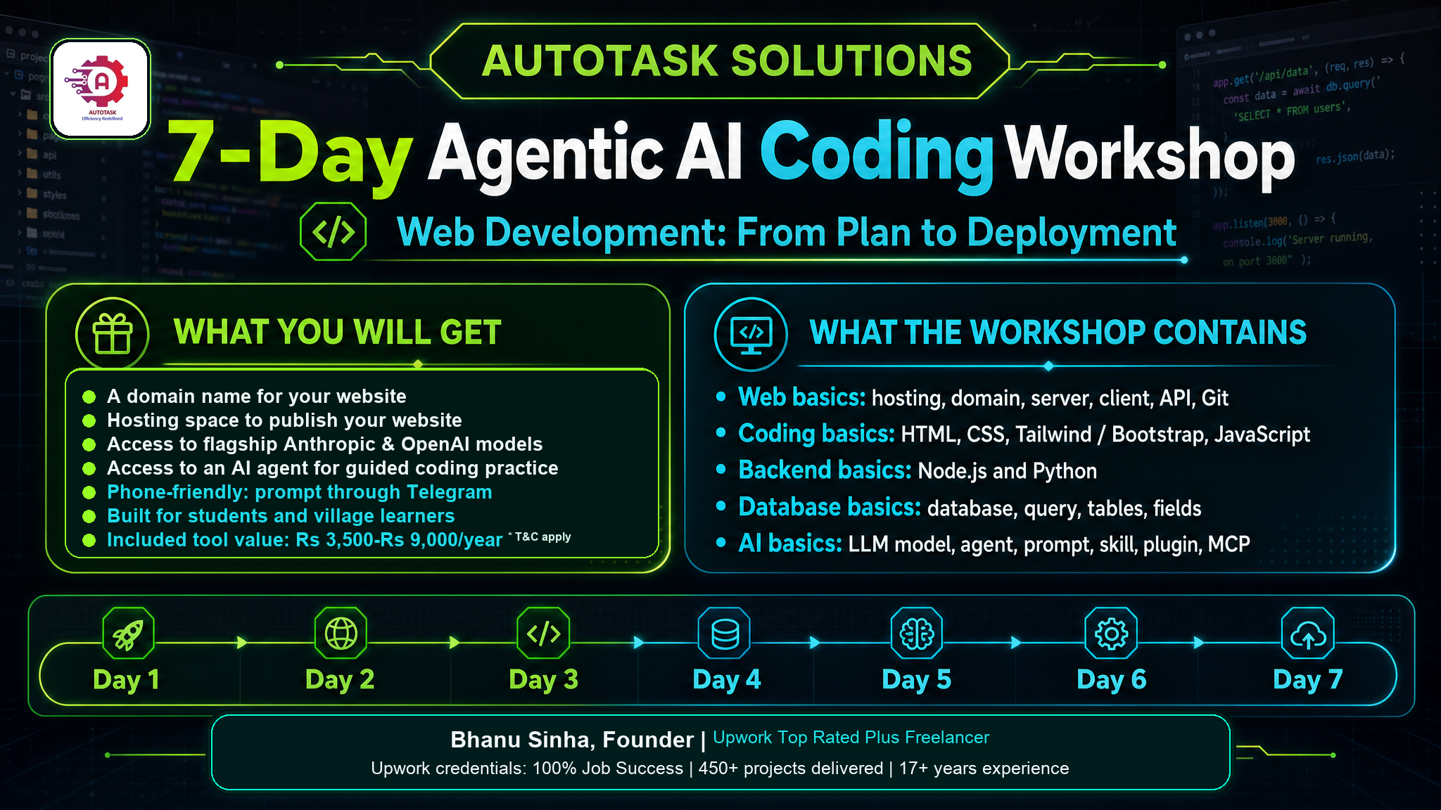 Autotask Solutions 7-Day Agentic AI Coding Workshop infographic showing what students will get, workshop contents, day-by-day plan, and Upwork credentials.
